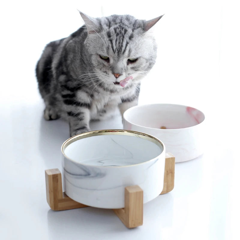 Dog Bowl Ceramic Feeder Marbling Dish Pet Adjustable Wooden Shelf Feeding Drinking Non-Slip High For Cat Product Supplies #P005