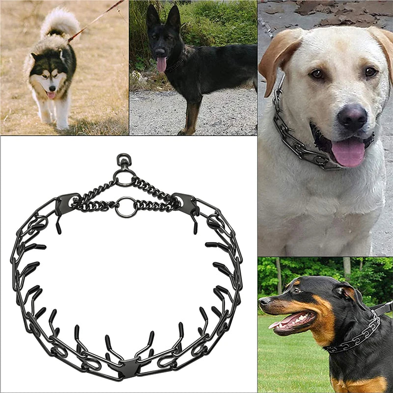 Metal Dog Training Prong Collar Removable Black Pet Link Chain Adjustable Stainless Steel Spike Necklace with Comfort Rubber Tip