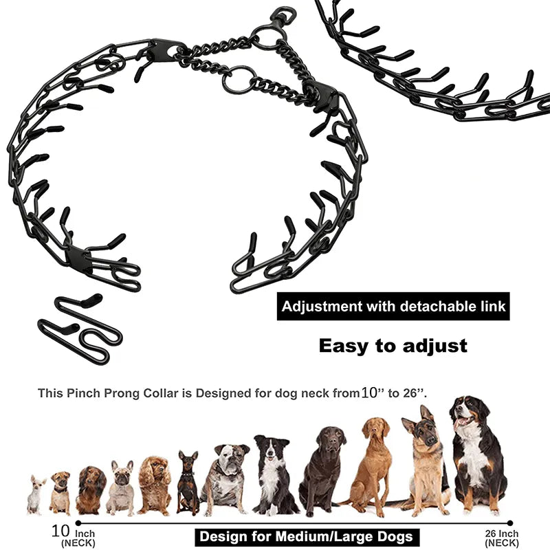 Metal Dog Training Prong Collar Removable Black Pet Link Chain Adjustable Stainless Steel Spike Necklace with Comfort Rubber Tip